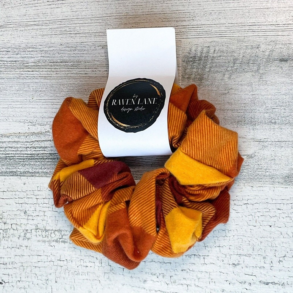 Orange Plaid Flannel Scrunchie | Big Scrunchies Fashion Hair Ties Medium Volume